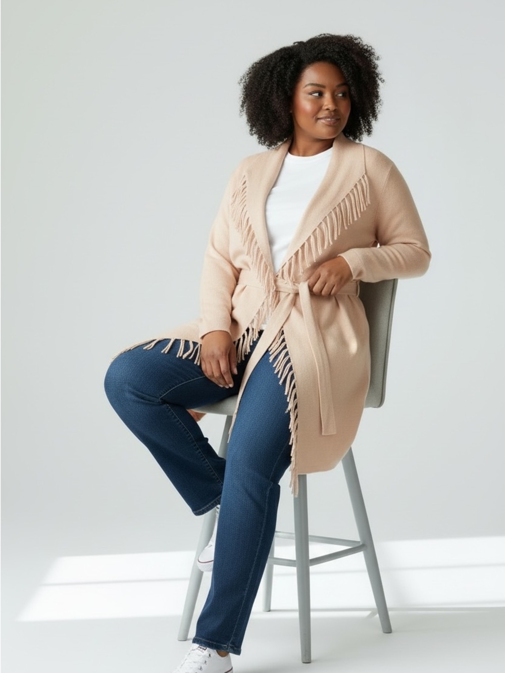 Nicole Miller Blush Fringe Tie-Waist Cardigan